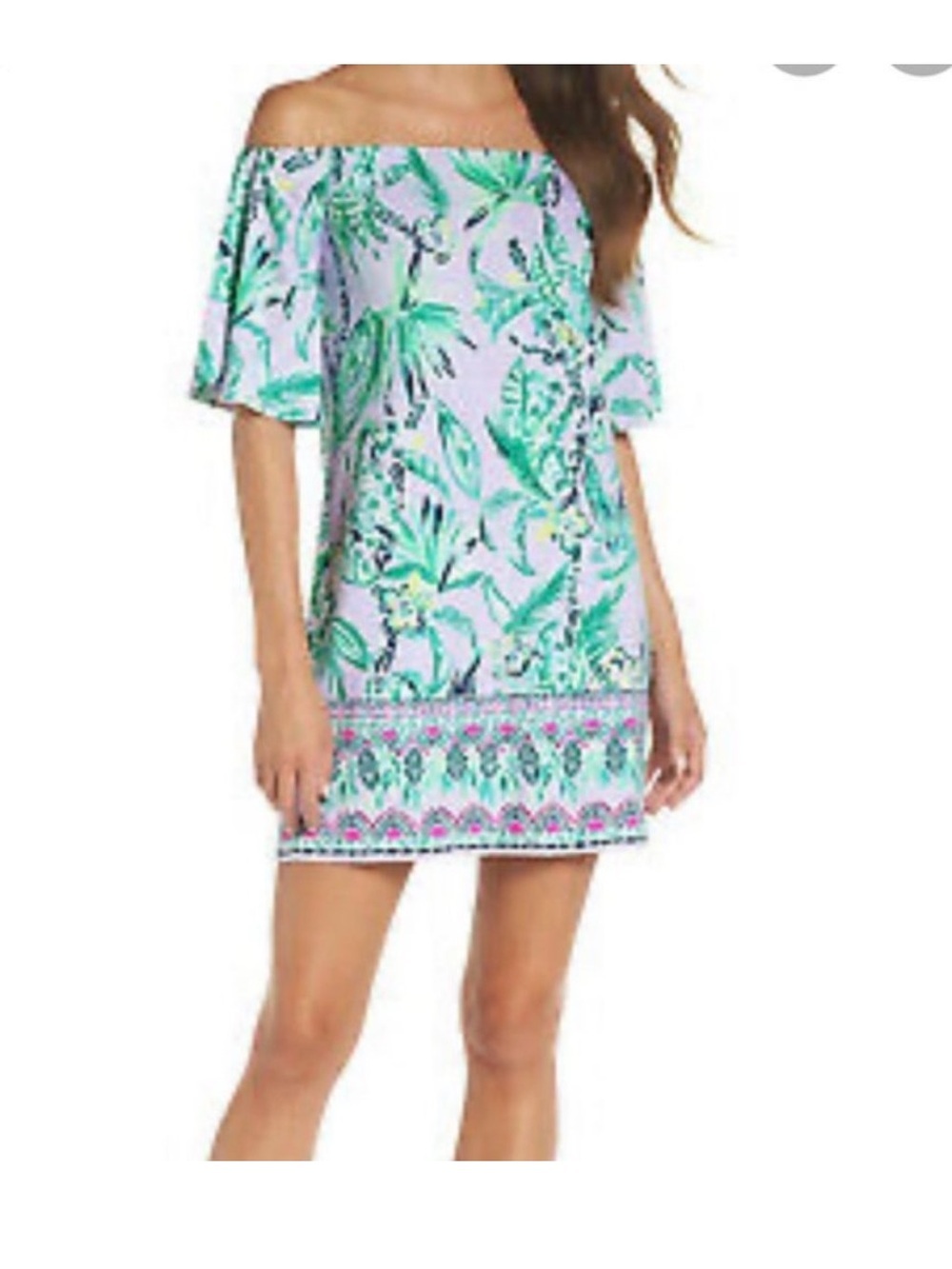 Lilly Pulitzer Fawcett Tropical Print off the shoulder Dress lilac verbena XL